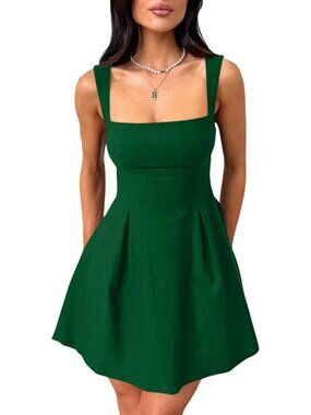 Women's Sleeveless Square Neck Green Strap Bow Tie A-line Mini Party Club Dress